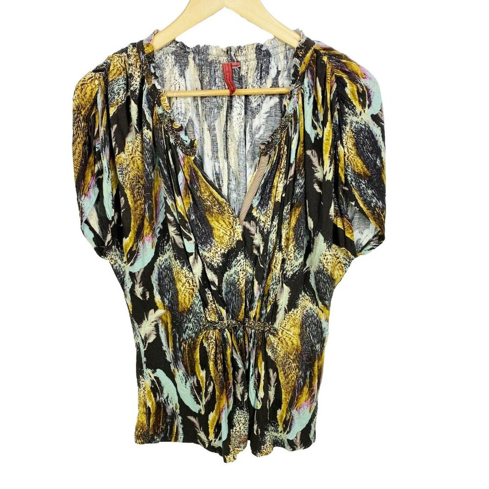 One September Anthropologie Blouse Size Small Feather Print Top Beaded Trim